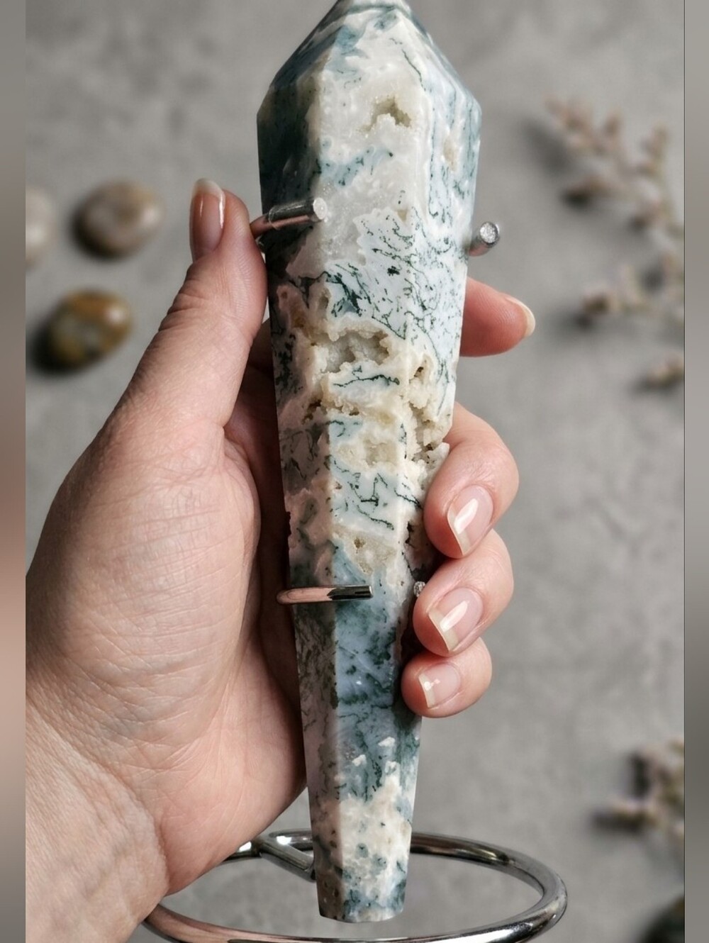AAA Water Moss Agate Statement Wand • Large 7" Crystal Point Druzy Pockets Decor